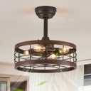LEDIARY 16.5in Caged Ceiling Fan with Light, Bladeless Industrial Ceiling Fan with Remote, Rustic Metal Fan Lights Ceiling Fixtures for Kitchen, Farmhouse, Bedroom6 Speed,1/2/4/8h Timing-Walnut