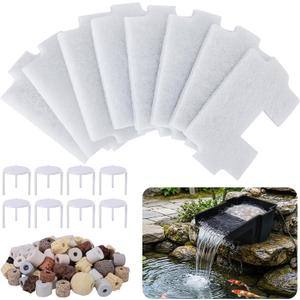 Adnee 17 Pcs Pond Waterfall Spillway Filter Media, 8 Inch Waterfall Box Filter Pad with Bracket and Ceramic Rings, Reusable Pond Filter Replacement Mat to Maintain Water Quality, No Spillway Included