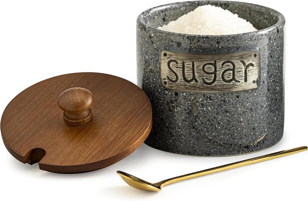LYEOBOH Sugar Bowl with Lid and Spoon, Sugar Jar Porcelain Salt Bowl with Wood Lid and Stainless Steel Spoon,Ceramic Sugar Bowl 15oz Coffee Canister Kitchen Decor, Grey
