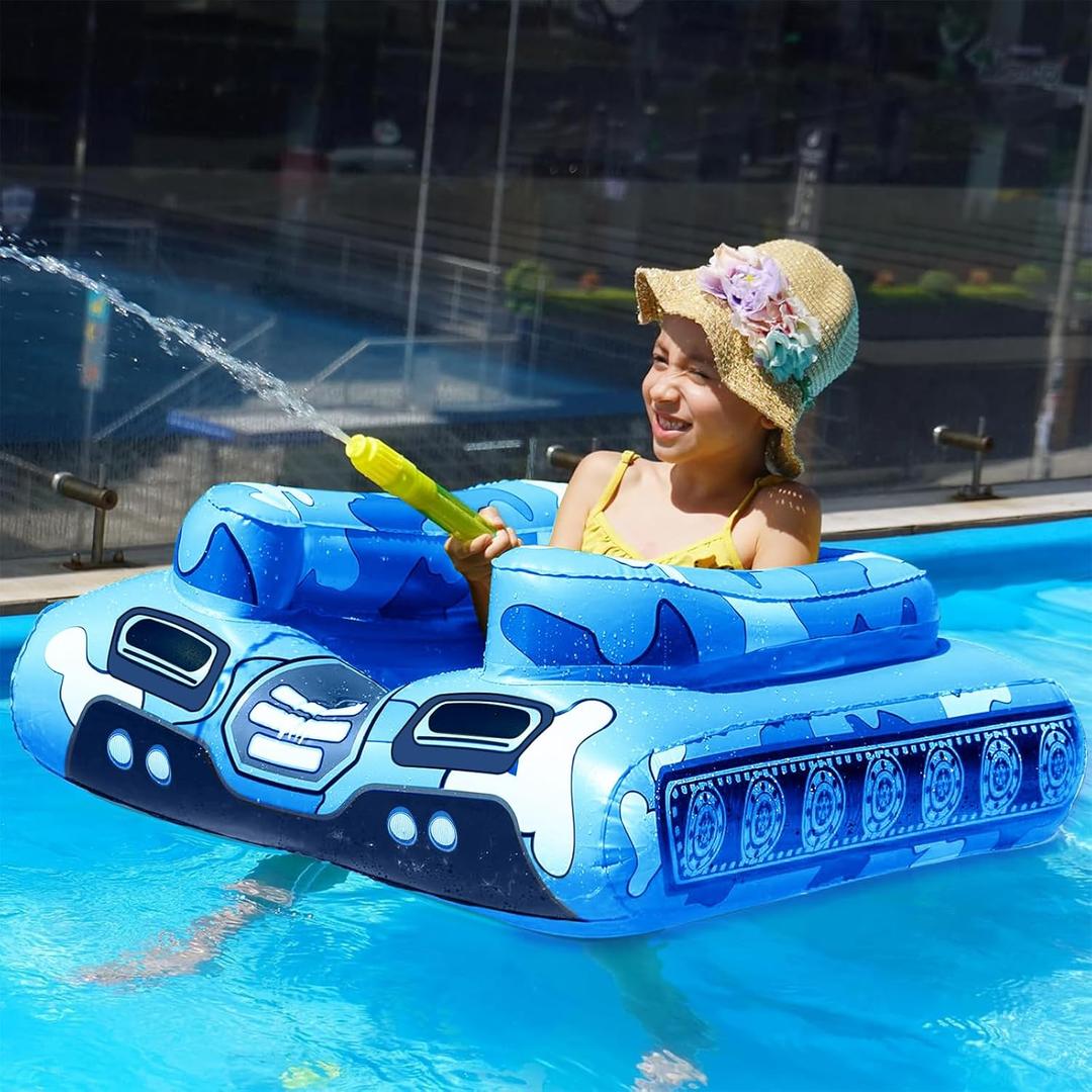 Inflatable Tank Pool Floats Kids - Jasonwell Toddler Pool Floaties Swimming Pool Tank with Water Cannon Gun Swim Floaty Rafts Lake Beach Party Pool Toys for Boys Girls Toddlers Kids (Blue)