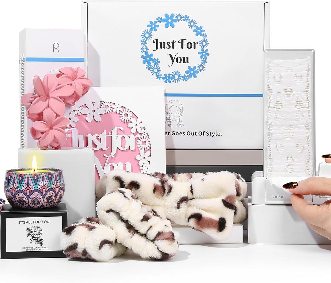 Cotton Pad Holder Christmas Birthday Gifts Sets For Women,Automatic Reusable Square Dustproof Waterproof Cosmetic Bathroom Pad Dispenser include Headband,Wrist Bands,Hair Clips Scented Candles (White)