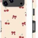 Goodon for iPhone 17 Pro Case - Wireless Charging - Dual-Layer Hard Shell & Silicone Cover - Protective Phone Case with Cute Wildflower Designs for Women - Sweet Cherry Bowtie
