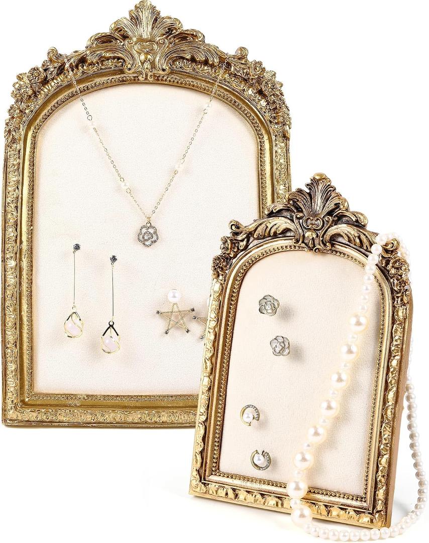 Wonderjune 2 Pcs Gold Jewelry Display Stand Vintage Necklace Organizer Ring Holder Earring Tray Resin Jewelry Photography Props Frame with Velvet Backing for Gifts(White,Large,Small,Elegant)