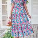 PRETTYGARDEN Women's Boho Floral Print Summer Dresses Square Neck Puff Sleeve A Line Long Dress Smocked Casual Maxi Dress (Silver, XL)