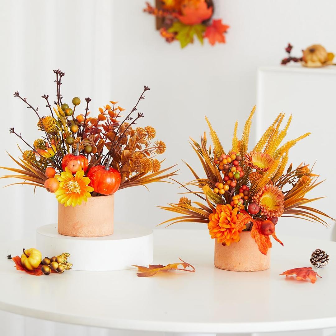 MYELLU Thanksgiving Centerpiece Fall Table Flower - 2 Pack Lighted Realistic Artificial Table Plant with Western Modern Boho Rustic Aesthetic Bouquet Fall Decor Gift for Home Farmhouse (Harvest Orange)