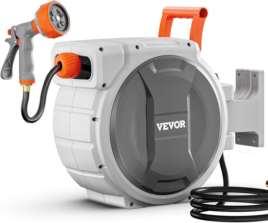 VEVOR Retractable Garden Hose Reel, 1/2 Inch x 65 ft Wall Mounted, Heavy Duty Garden Hose Reel with 9 Patterns Nozzle, Any Length Lock, Upgraded Slow Return System and 180Swivel Bracket