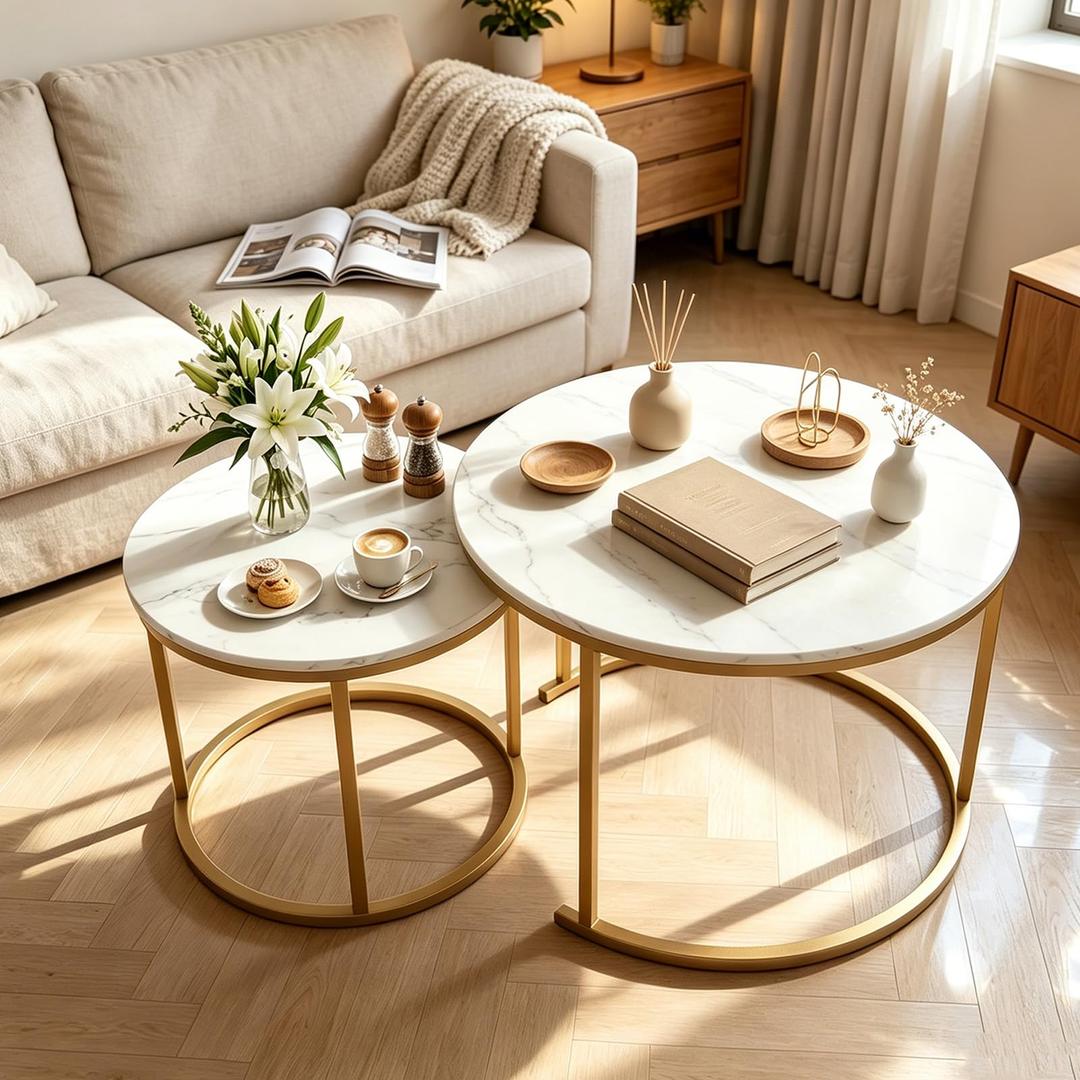 aboxoo Nesting Coffee Table Round Tables for Living Room,Faux Marble Round Accent Table with Gold Metal Frame,Modern Stackable End Table for Living Room Bedroom Small Space