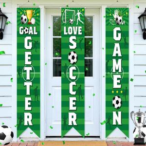 3PCS Soccer Porch Sign Banners,Soccer Sports Party Decorations Welcome Hanging Soccer Door Banner for Wall Yard Birthday Game Time Day Festival Party Supplies Decor School Home Indoor Outdoor