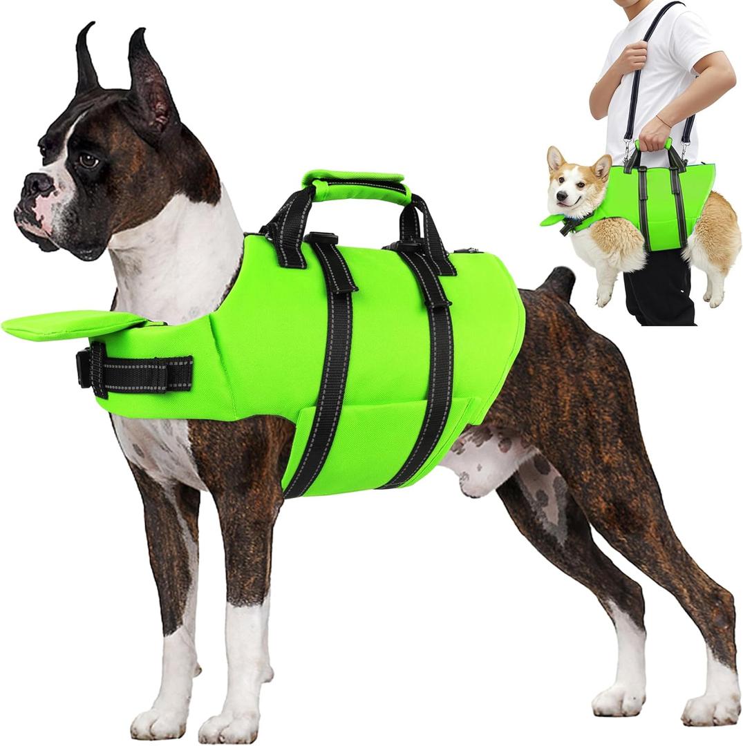 Dog Life Jacket with 4ft Leash, Reflective Pet Life Vest with Zipper and Handle for Swimming Boating, Adjustable High Buoyancy Floatation Swim Vest for Small Medium Large Dogs - Green, XS