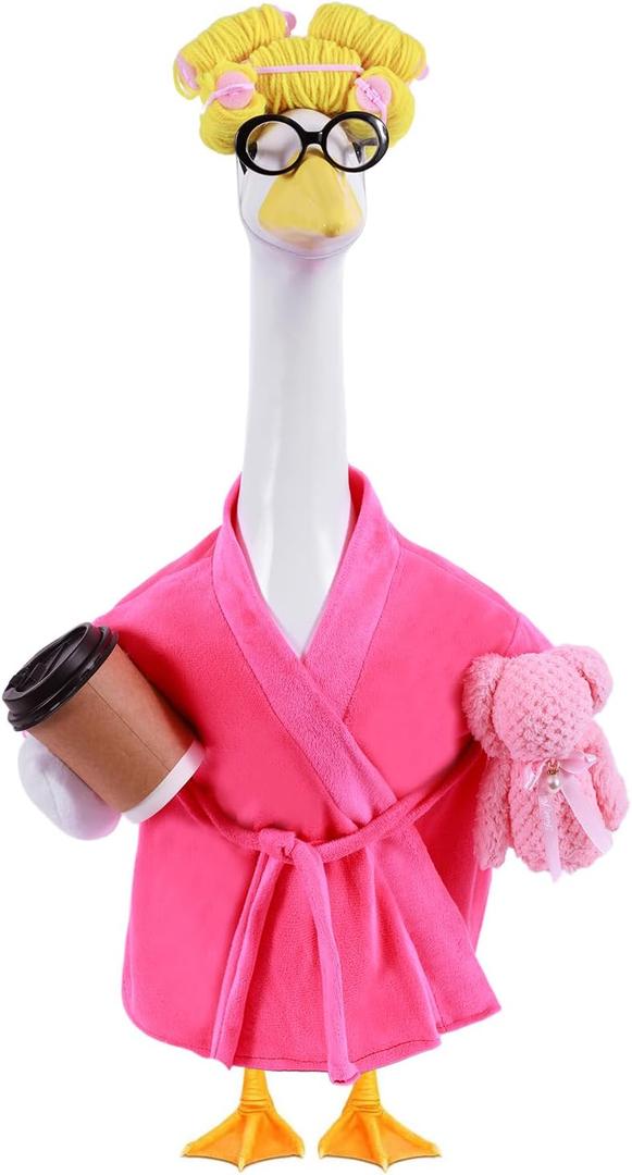 Lady Porch Goose Outfits,Bathrobe Porch Goose Statue Costume with Curlers Reading Glasses Coffee Cup Towel,Cute Goose Clothes for 23-Inch Cement or Plastic Statue,Lawn Yard Garden Patio Decor(Pink)