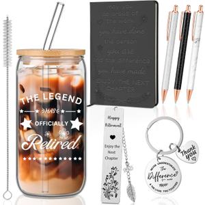 Kosiz 7 Pcs Retirement Gifts for Women Men 2025 Happy Retirement Gifts for Christmas Teacher Coworker Nurse Boss Women Retirees with Glass Cup Leather Notepad Ballpoint Pen Keychain Bookmark(Black)