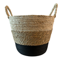 Round Wicker Table and Floor Baskets - Beige and Black - Set of 3