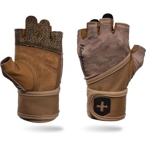 Harbinger Pro Wristwrap Gloves 3.0 - Enhanced Grip, Superior Wrist Support, Breathable 4-Way Stretch Lycra, Durable Leather Palm, Half-Finger Design for Weightlifting, Fitness Training, Women's (Medium, Tan Camo)
