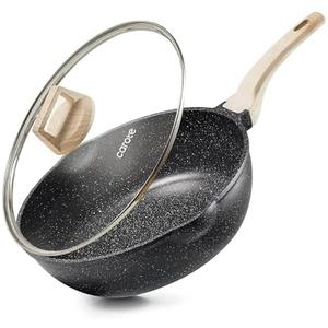 CAROTE 11Inch Nonstick Deep Frying Pan with Lid, 5.5 Qt Jumbo Cooker Saute Pan with Pour Spout, Skillet Induction Cookware, Non Stick Cooking Pan PFOA Free, Classic Granite