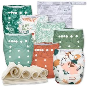 Nora's Nursery Cloth Diapers 7 Pack with 7 Inserts & 1 Wet Bag - Waterproof Cover, Washable, Reusable & One Size Adjustable Pocket Diapers for Newborns and Toddlers - Oasis