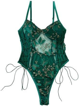 Lilosy Women Sexy Lace Up Floral Embroidered Teddy Lingerie Bodysuit Top Mesh Sheer One Piece, Butterfly Army Green Medium