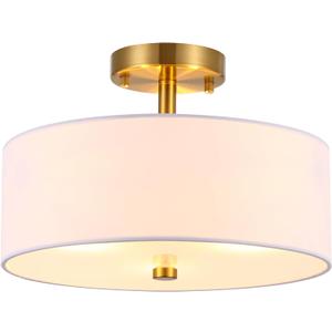 13" Semi Flush Mount Ceiling Light Fixture, 3-Light Gold Drum Light Fixture, Modern Close to Ceiling Light with White Fabric Shade Lamps for Bedroom Living Room Kitchen Hallway Entryway
