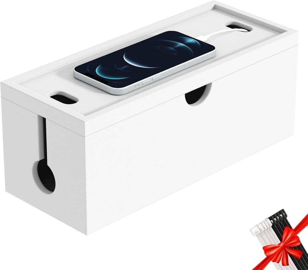 Bamboo Cable Management Box, Large Cord Organizer Box Cable Box to Hide Wires & Power Strips for Desktop Storage Cord Holder for Office Home,No Assembley Required (All White, 1Medium)