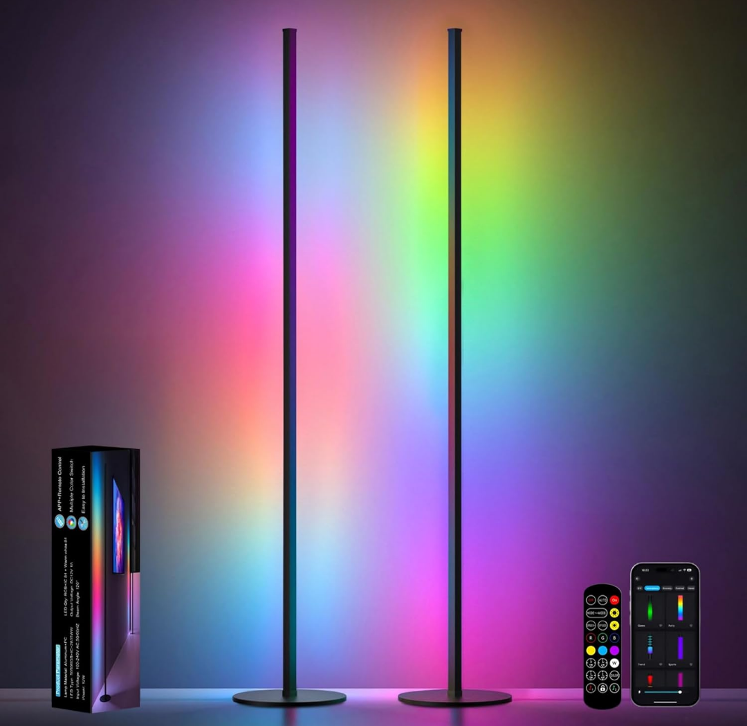 RGBIC Corner Floor Lamp 2 Pack, 55" Minimalist Standing Lamp with Remote Control, Music Sync 16 Million Colors, Warm White Ambient Lighting, Color Changing LED Corner Lamp for Living Room Bedroom Gaming