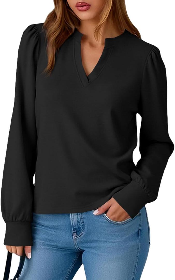Tankaneo Womens Puff Long Sleeve Tunic Tops Trendy Casual V Neck Fall Shirts Loose Fit Basic Tees (Black, S)