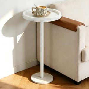 smusei Small Drink Table with Marble Base Round Side Table for Small Spaces Pedestal Side Table with Anti-Fall Guard for Living Room Bedroom Home Decor, White