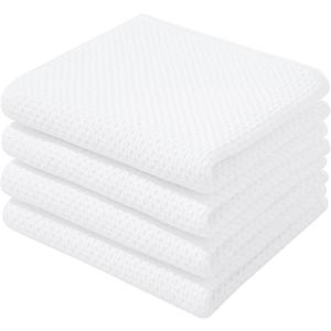 Homaxy 100% Cotton Waffle Weave Kitchen Dish Towels, Ultra Soft Absorbent Quick Drying Cleaning Towel, 13 x 28 Inches, 4-Pack, White
