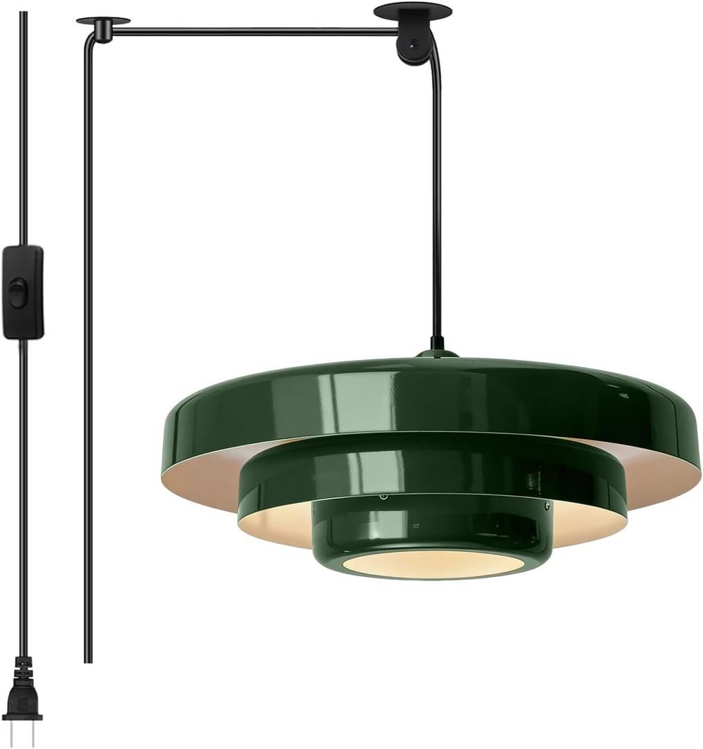 Plug-in Green Pendant Light, Mid Century Hanging Lamp Fixtures with Pulley and Plug in Cord 3-Layer Shade Nordic Style Pendant Lighting Metal Shade for Living Room Dining Room Bedroom Kitchen Island, 17.72 inches