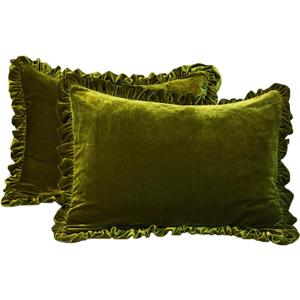 GLORY SEASON Velvet Pillow Shams Set of 2 Retro Ruffle Flounces Trim Soft Decorative Luxurious Solid Olive Green Farmhouse Vintage Pillow Cases for Bedroom Decor 20x26 inches Olive Green