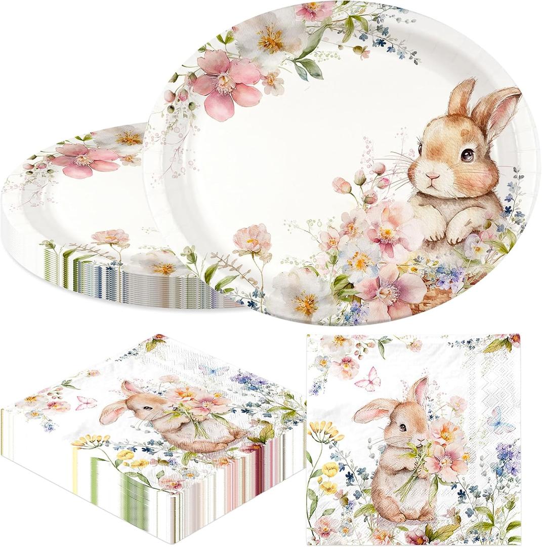 100Pcs Easter Plates, Easter Plates and Napkins includes 50pcs Oval Easter Paper Plates and Easter Bunny Napkins, Rabbit Disposable Easter Plate and Napkin for Happy Eater Decorations