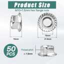 50 Pcs M10 x 1.5mm Flange Nuts,304 Stainless Steel Metric Serrated Flange Hex Flange Nuts, Bright Finish Lock Nuts,Silver