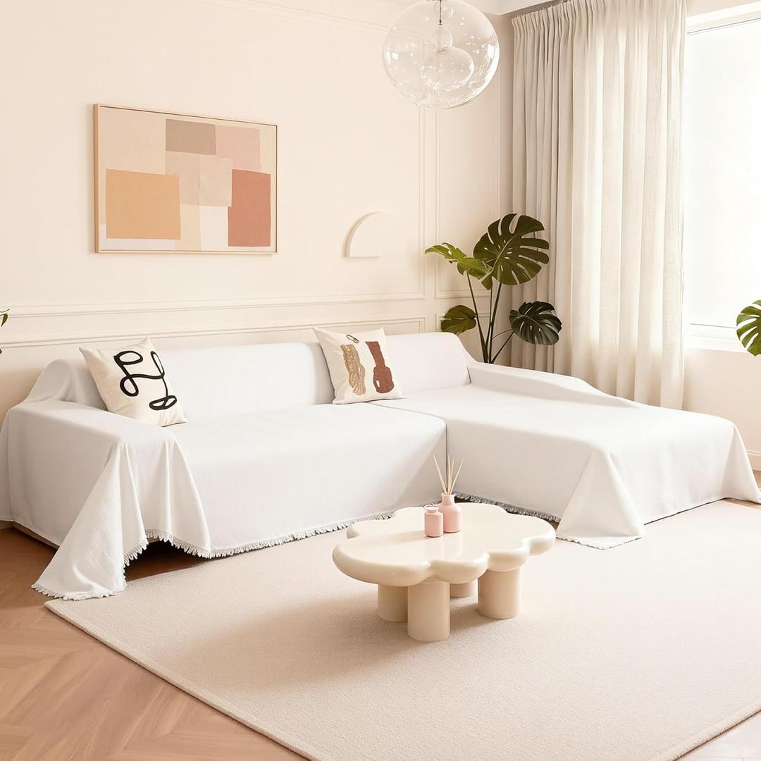 MYSKY HOME Couch Covers for Sectional Sofa, L Shaped Couch Cover, 2 Pieces Chenille Couch Covers for L Shape Sofa Cover, Washable Sofa Slipcover Blanket Furniture Protector(71"x102"+71"x118", White)