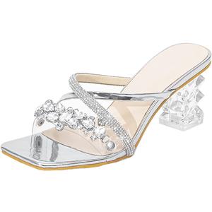 Fantoesay Women's Clear Crystal Rhinestones Strap Slip On Sandals (6)