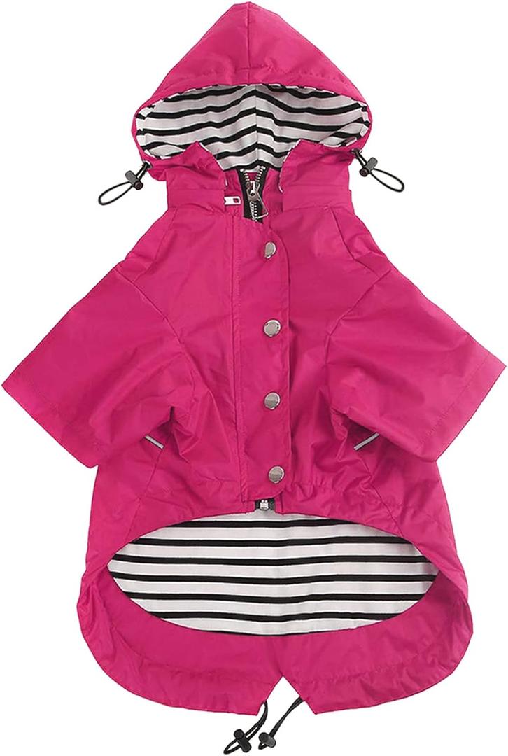 Morezi Dog Zip Up Raincoat with Reflective Buttons, Rain/Water Resistant, Adjustable Drawstring, Removable Hood, Raincoats with Legs 8lbs to 80lbs- Pink - M