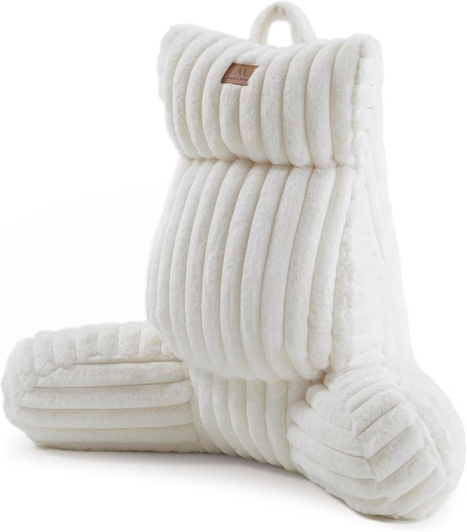 Amlie Home Faux Fur Reading Pillow with Pocket for Sitting in Bed, Adult Backrest Bed Pillow with Washable Cover for Lounging, Watching TV/Gaming/Resting/Post/Surgery/Nursing, Ivory, 29 inches