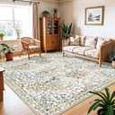 10x10 Square Area Rug Living Room: Boho Floral Washable Mat for Dining Room Bedroom Office High Traffic Area Soft Non Slip Low Pile Indoor Carpet for Vintage Farmhouse Home Decor (10ft Square, Beige)