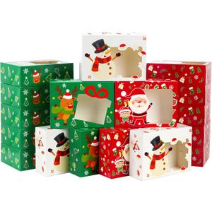 Moretoes 24pcs 8.25x6x2.75in Christmas Bakery Cookie Boxes with Window, Xmas treat Boxes for Holiday Party Favor Pastries, Cupcakes, Cookies, Donuts, Gift Wrapping