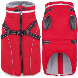 Fragralley Dog Coat with Harness Built in, Waterproof Windproof Reflective Warm Puffer Jacket, Fleece Lined Vest Winter Parka for Small, Medium, Large Dogs (Red)