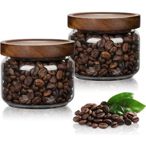 2PCS Small Glass Storage Jars with Airtight Lids, 11 fl oz (300ml) coffee container with Wooden Lid, Glass Pantry Canister for Beans, Rice, Sugar and etc