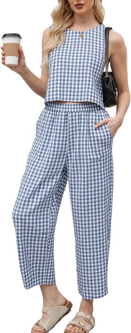 Two Piece Sets for Women Summer Lounge Sets Tank Top Wide Leg Crop Pants Beach Vacation Travel Matching Outfits (Medium, Light Blue)