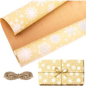 2 x CAKKVDE Vintage Christmas Wrapping Paper Roll - Kraft Gift Wrap with Jute Twine | 17 Inch x 49 Feet Durable Holiday Wrapping Paper for Gifts(White snowflakes)