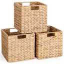 10.5x10.5 Water Hyacinth Storage Baskets, Collapsible Square Wicker Baskets Cube Storage Bins for IKEA Kallax, Set of 3