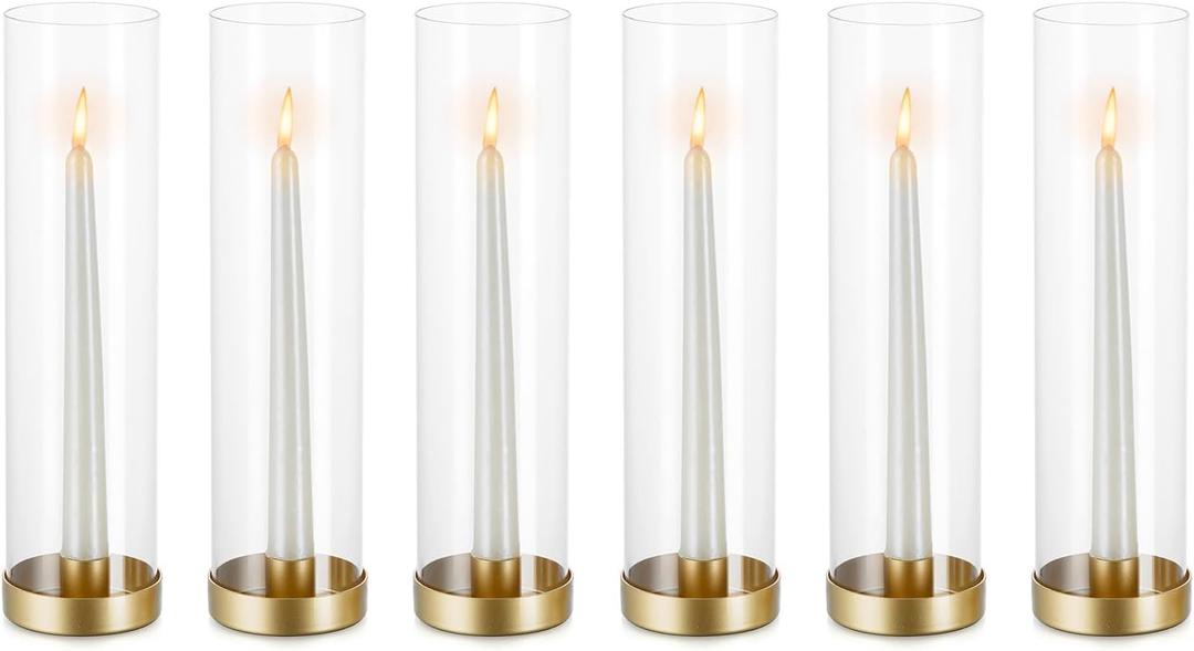 NUPTIO Hurricane Glass Candle Holders: 6 Pcs Gold Metal Taper Candlesticks Holder with 11.81 inch Long Clear Bottomless Cylinder Cover Stands for Wedding Anniversary Bridal Shower Table Centerpiece