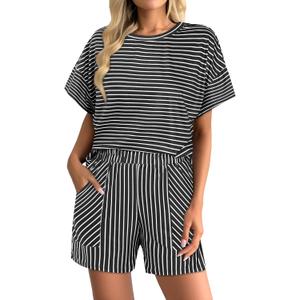 Hilinker Womens Striped 2 Piece Lounge Sets Short Sleeve Tops and Short Set Summer Matching Outfits Black White Small (Black, S)