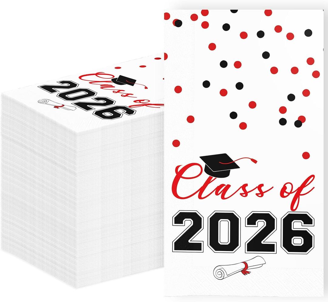 2026 Graduation Disposable Paper Napkins, Guest Dinner Hand Towels for College School Grad Class Congrats Celebration, Cocktail Party Decorations (80, Red & Black)