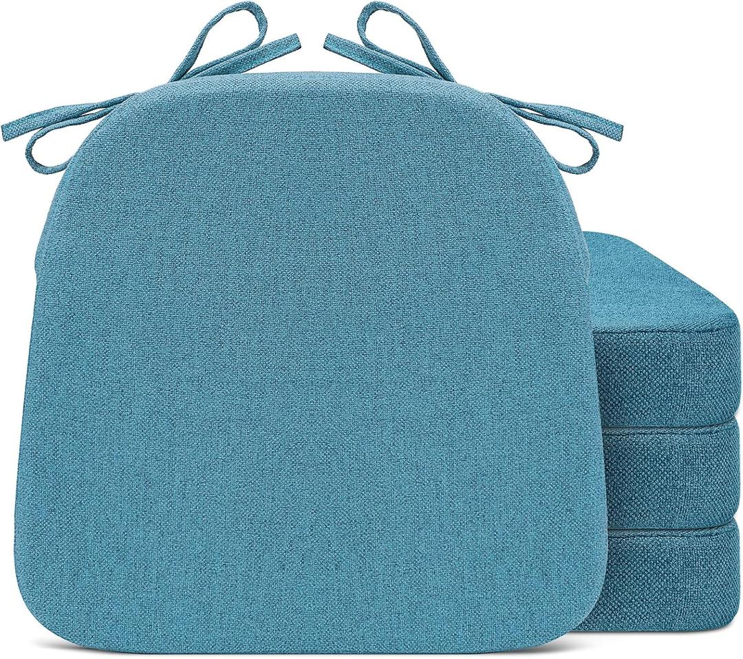 Sunsleek Chair Cushions for Dining Chairs, D-Shaped Seat Cushions with Removable Washable Cover and Ties, Chair Pads for Kitchen, Indoor Dining Room, Patio Chairs, 17'' x 16'', Set of 4, Blue, 4 Count