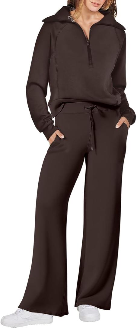 ANRABESS Womens 2 Piece Outfits Half Zip Sweatshirt & Wide Leg Pants Airport Travel Lounge Matching Sets Sweatsuits Clothing (Large, Coffee)