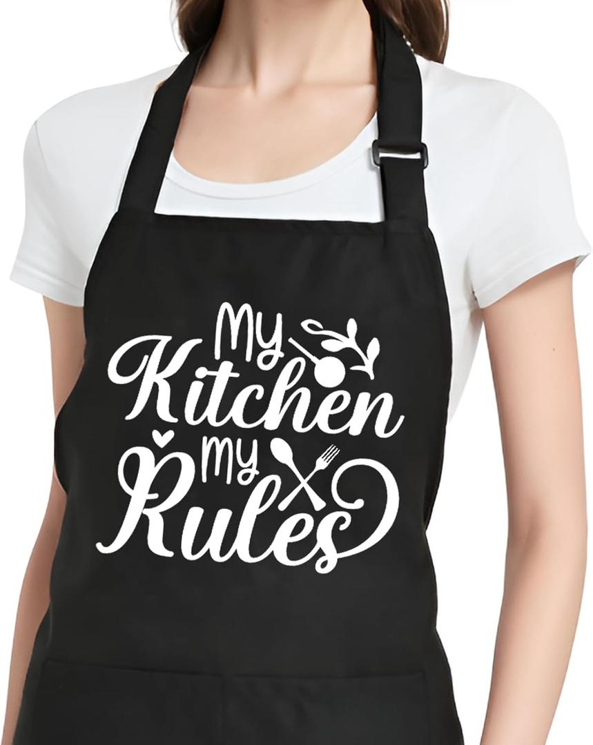 Funny Cooking Aprons for Women with Pockets, Kitchen Chef Aprons for Bakers, Birthday Gifts for Mom Wife Friends (My Kitchen My Rule)
