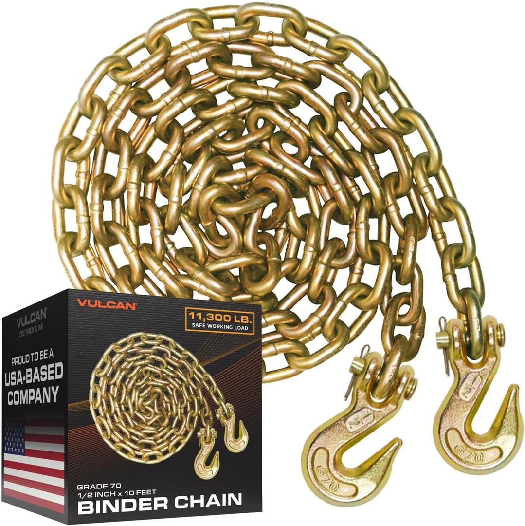 VULCAN Safety/Binder Chain with Clevis Grab Hooks - Grade 70-1/2 Inch x 10 Foot - 11,300 Pound Safe Working Load