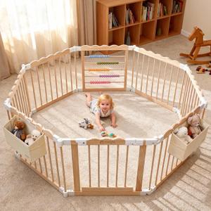 M MEEPO Foldable Baby Playpen, 57 x 57 x 25 in, Adjustable Shape & Size Wooden Baby Playpen with 2-Pack Storage Bags, Nature Pine Wood Play Yard for Infant, Toddler, Safety Lock Door, Build in Toys