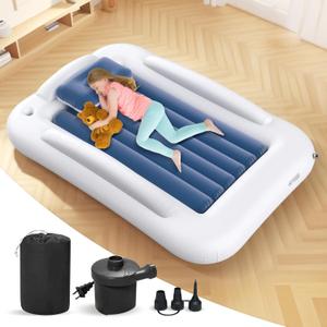 Inflatable Toddler Travel Bed - 60 Inches Portable Toddler Bed for Travel with Safety Sides - Cozy Kids Air Mattress Set with Built-in Electric Pump & Carry Case- Easy to Inflate - Sea Blue
